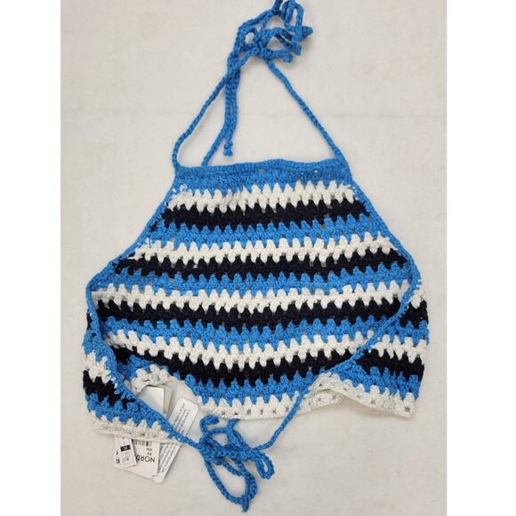 BP Blue/Black Ziggy Stripe Crocheted Halter Top - Picture 2 of 5